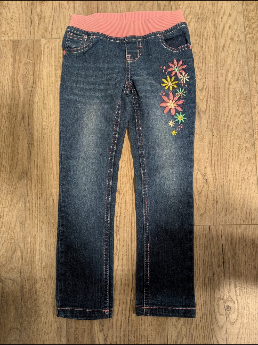 George Dark Blue Skinny Jeans with Pink Waistband & Multicolor Floral Embroidery